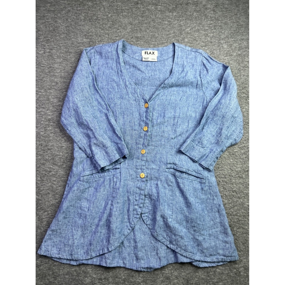 FLAX Blue 100% Linen Button Down Tunic V-Neck Pocket Tulip Hem Top Small - Picture 1 of 11
